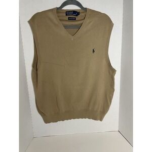 Polo Ralph Lauren Sweater Vest Mens XL TAN 100% Pima Cotton V Neck Green Pony